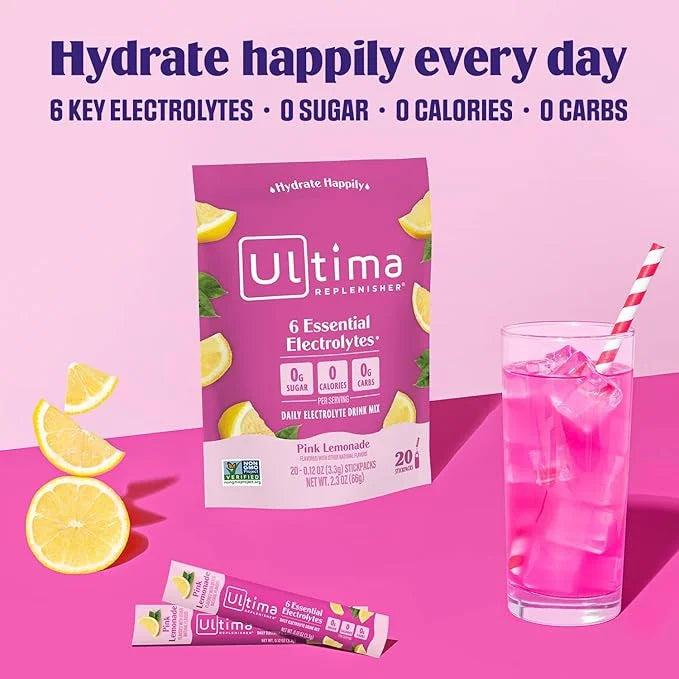 Ultima Replenisher Daily Electrolyte Powder Drink Mix – Pink Lemonade, 20 Stickpacks – Hydration Packets with 6 Electrolyt...