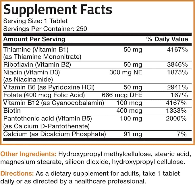 Bronson Super B Vitamin B Complex B1, B2, B2, B3, B3, B6, B6, B9 B9 - B12) Contains 250 Tablets