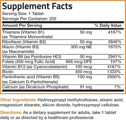 Bronson Super B Vitamin B Complex B1, B2, B2, B3, B3, B6, B6, B9 B9 - B12) Contains 250 Tablets