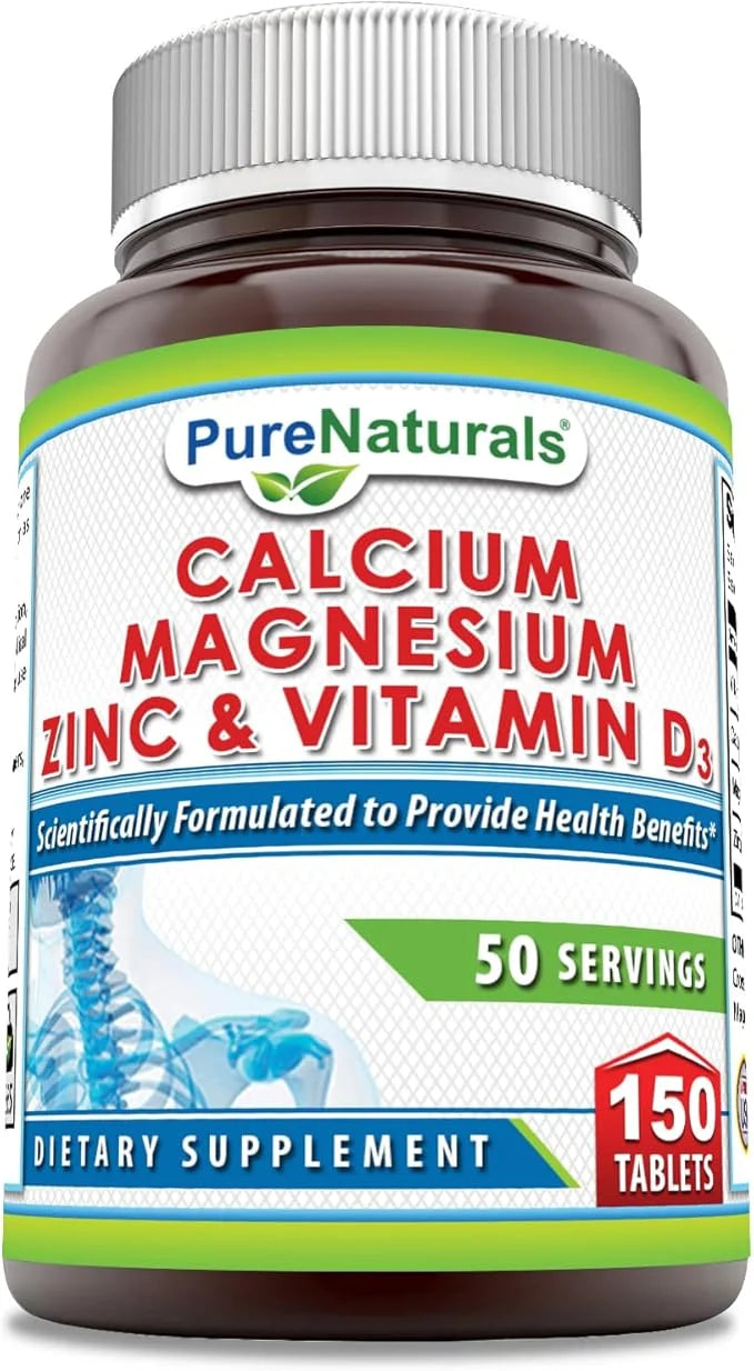 Pure Naturals Calcium Magnesium Zinc Vitamin D3 Supplement 1000mg, Magnesium 400mg, Zinc 25mg, Vitamin D3 600 600 IU (150 ...