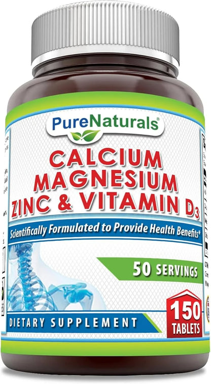 Pure Naturals Calcium Magnesium Zinc Vitamin D3 Supplement 1000mg, Magnesium 400mg, Zinc 25mg, Vitamin D3 600 600 IU (150 ...