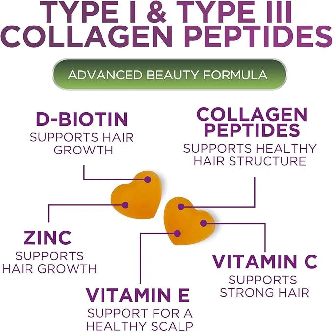 Collagen Gummies with 2500mcg Biotin, Vitamin 1 & 3 Collagen 60 Count