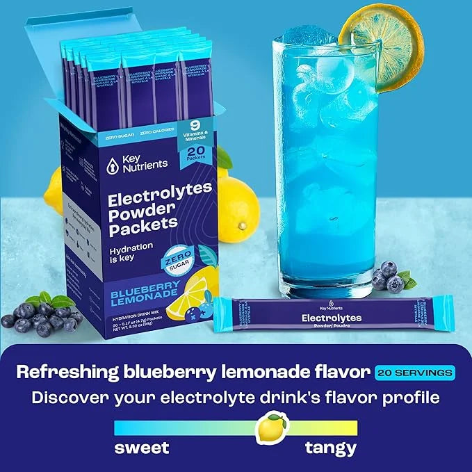 KEY NUTRIENTS Multivitamin Electrolytes Powder Packets - Delicious Blueberry Lemonade 40 Pack Hydration Packets - Travel H...