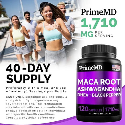 6-in-1 Organic Maca Root & Ashwagandha 1710mg w/DHEA Supplement,120 Capsules (40 Servings)