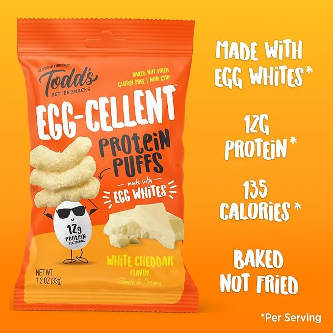 Todd's Better Snacks Egg-Cellent Protein Puffs, White Cheddar, 1.2 Oz (Pack of 10), Made with Egg Whites, 12g Protein, Glu...
