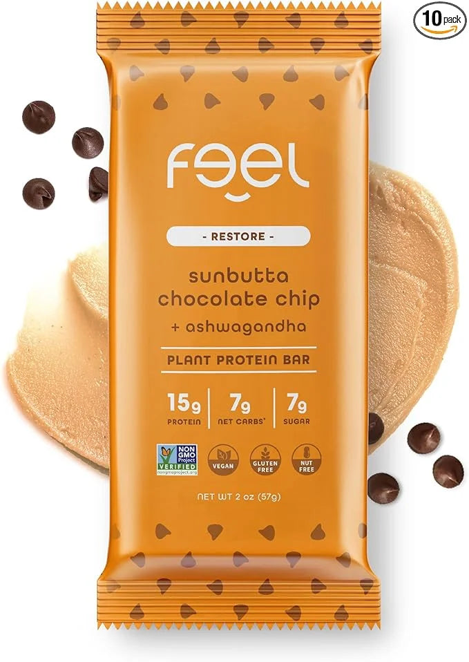 Feel Vegan Protein Bars | Sunbutta Chocolate Chip | Keto | Gluten Free | Organic | Ashwagandha | 15g Plant Protein | Low C...