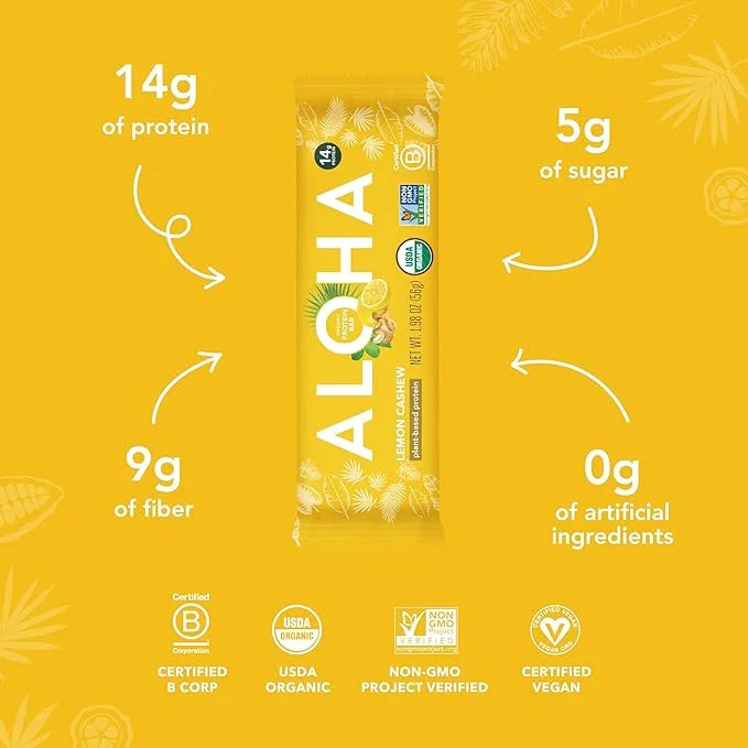 ALOHA Organic Plant Based Protein Bars - Lemon Cashew - 12-Count - Vegan, Low Sugar, Gluten-Free, Paleo, Low Carb, Non-GMO...