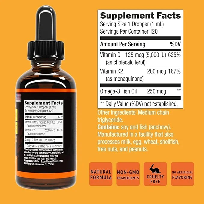 Vitamin D3 K2 Liquid Drops 5000 IU (4oz) Maximum Strength Vitamin D, K, MCT Oil & Omega 3 Bone, Heart, Joint, Muscle Suppo...