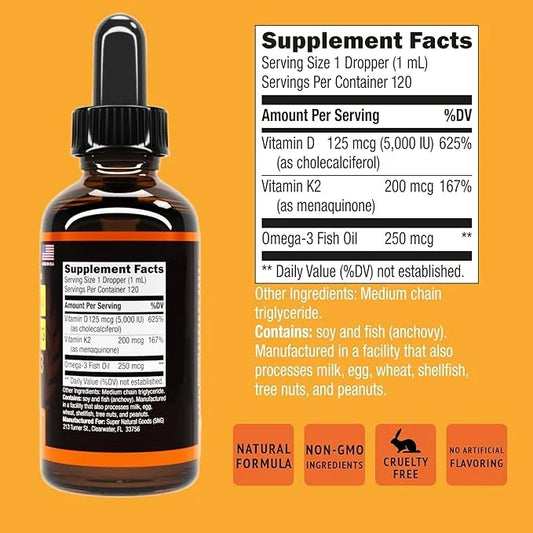 Vitamin D3 K2 Liquid Drops 5000 IU (4oz) Maximum Strength Vitamin D, K, MCT Oil & Omega 3 Bone, Heart, Joint, Muscle Suppo...