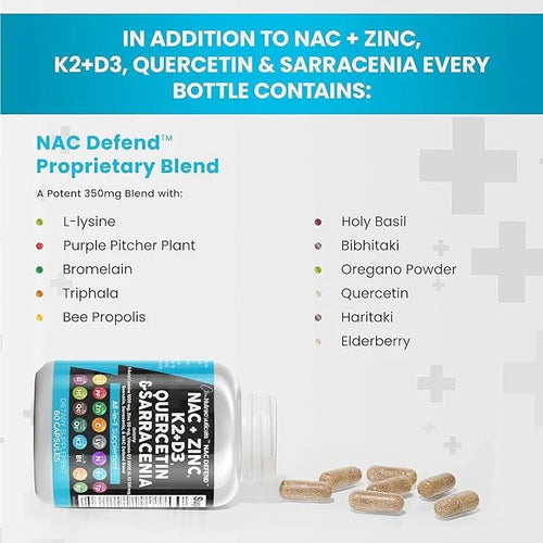 Clean Nutraceuticals NAC Supplement N-Acetyl Cysteine 1000mg Vitamin D3 K2 K2 Zinc 1000mg Sarracenia 1000mg with 60 Count