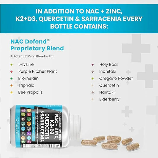 Clean Nutraceuticals NAC Supplement N-Acetyl Cysteine 1000mg Vitamin D3 K2 K2 Zinc 1000mg Sarracenia 1000mg with 60 Count