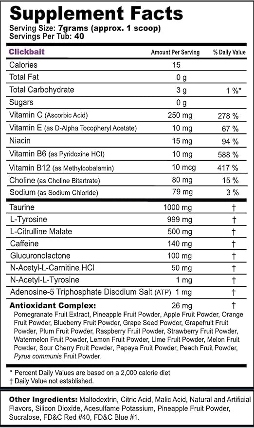 G Fuel Clickbait Energy Drink Powder, Pre Workout Caffeine Mix for Gaming, Sugar Free Focus Amino, Vitamin + Antioxidants,...