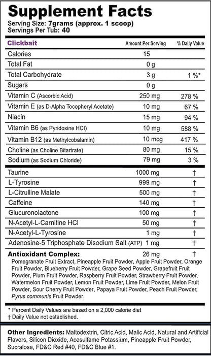 G Fuel Clickbait Energy Drink Powder, Pre Workout Caffeine Mix for Gaming, Sugar Free Focus Amino, Vitamin + Antioxidants,...