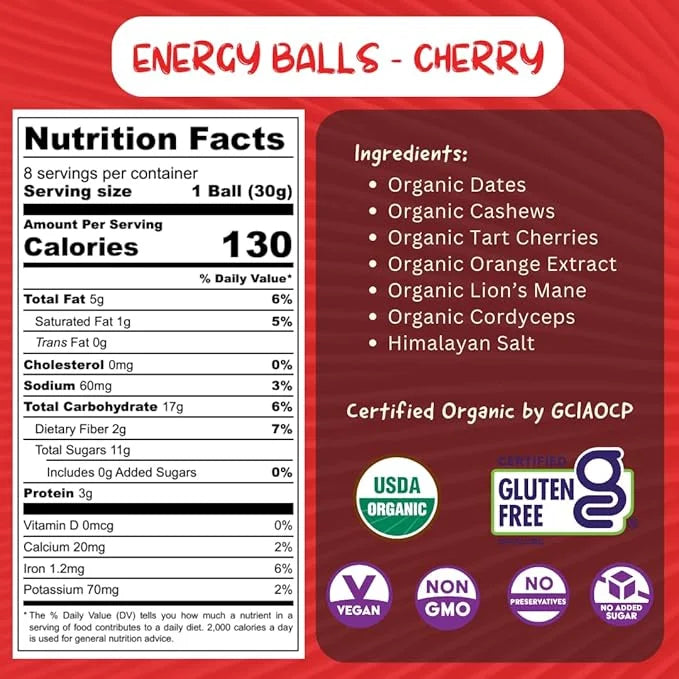 ODD BALLS Organic Energy Balls Cherry - Superfood Mushroom Snack - Running, Cycling, Hiking - Gels, Bars Alternative - Lio...
