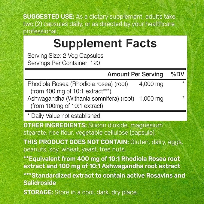 DEAL SUPPLEMENT Rhodiola Rosea with Ashwagandha 5,000mg Per 240 Veggie 10:1 Root