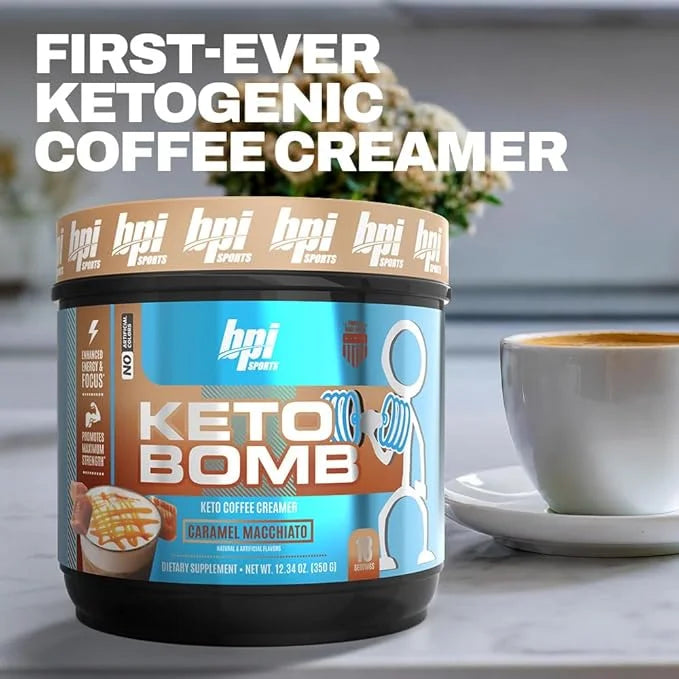 BPI Sports Keto Bomb Coffee Creamer - Supports Energy and Hydration - MCT and Electrolytes - with Calcium - Caramel Macchi...