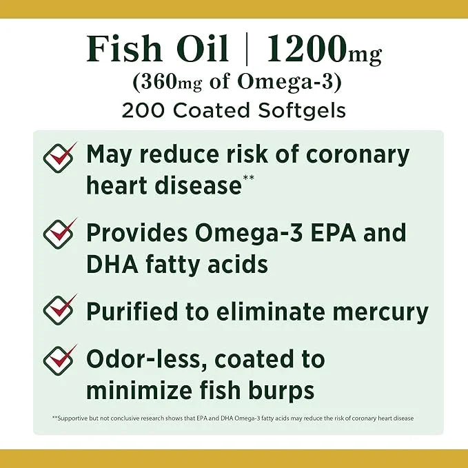 Nature's Bounty Fish Oil, Supports Heart 1200 Mg, 360mg Omega-3, Omega-3, 200 200 Odorless
