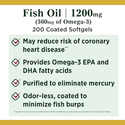 Nature's Bounty Fish Oil, Supports Heart 1200 Mg, 360mg Omega-3, Omega-3, 200 200 Odorless