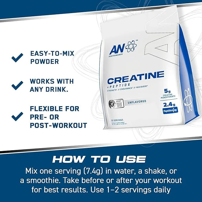 AN Performance Creatine + Peptide | Unflavored | 5g Creatine Monohydrate, 2.4g PeptiStrong | Gluten-Free, Low Carb, Low Fa...