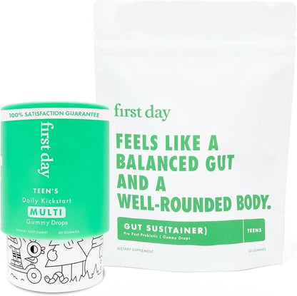 FIRST DAY Teens Daily Multivitamin + Tribiotic Gummies – Vitamin A, D3, B6, B12, C, Pre+, Post+, Probiotics & More to Supp...
