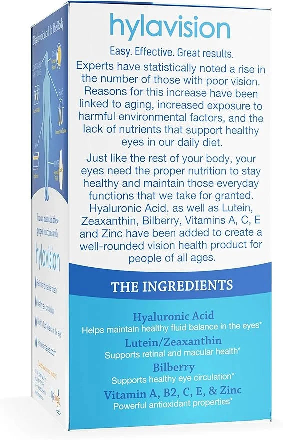 Hyalogic HylaVision Eye Health Supplement - Hyaluronic Acid, Lutein and Zeaxanthin Supplements – Contains Eye Vitamins A, ...