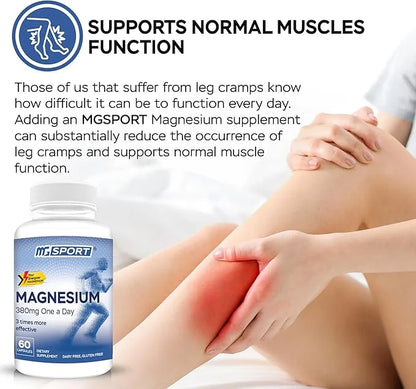 Magnesium Supplement Complex MGSPORT- High Absorption with Vitamins B6, D, E - Relieves Leg Cramps & Muscle Support - 60 S...