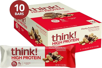 think! Protein Bars, High Protein Snacks, Gluten Free, Kosher Friendly, Chunky Peanut Butter, Nutrition Bars, 2.1 Oz per B...