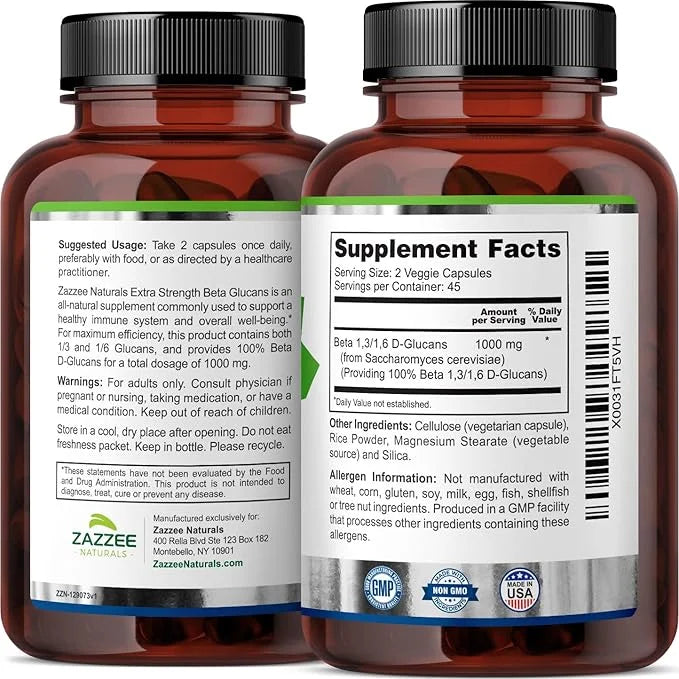 Zazzee Extra Strength 1,3/1,6 Beta Glucans, 1000 mg, 100% Concentrated, 90 Vegan 100% Vegetarian,