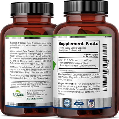 Zazzee Extra Strength 1,3/1,6 Beta Glucans, 1000 mg, 100% Concentrated, 90 Vegan 100% Vegetarian,