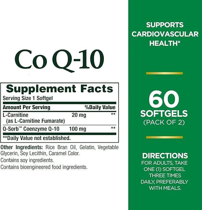 Nature's Bounty CoQ10 100mg Plus L-Carnitine, 120 Softgels