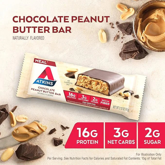 Atkins Chocolate Peanut Butter Protein Meal Bar, High Fiber, 16g Protein, 2g Sugar, 3g Net Carb, Meal Replacement, Low Car...
