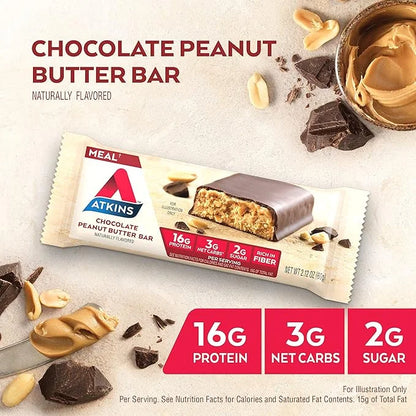Atkins Chocolate Peanut Butter Protein Meal Bar, High Fiber, 16g Protein, 2g Sugar, 3g Net Carb, Meal Replacement, Low Car...