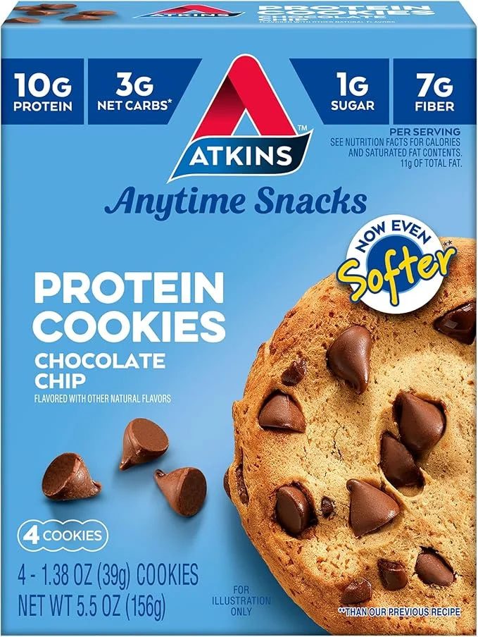 Atkins Chocolate Chip Protein Cookie, Protein Dessert, Rich in Fiber, 3g Net Carb, 1g Sugar, Keto Friendly, 4 Count - Prod...
