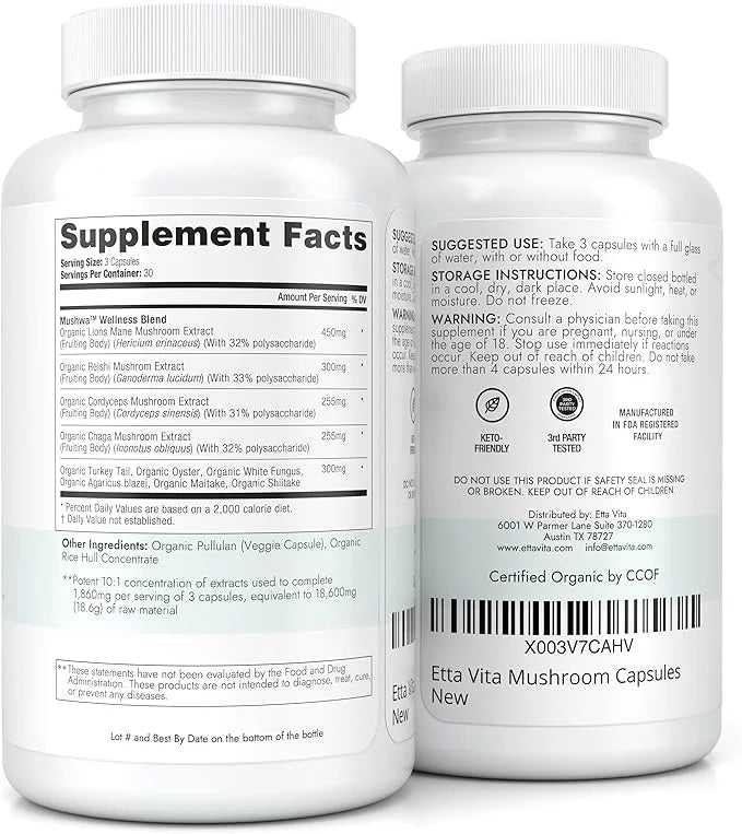USDA Organic Lions Mane Supplement Capsules (18,600mg/serv) 10x 10x Adaptogenic