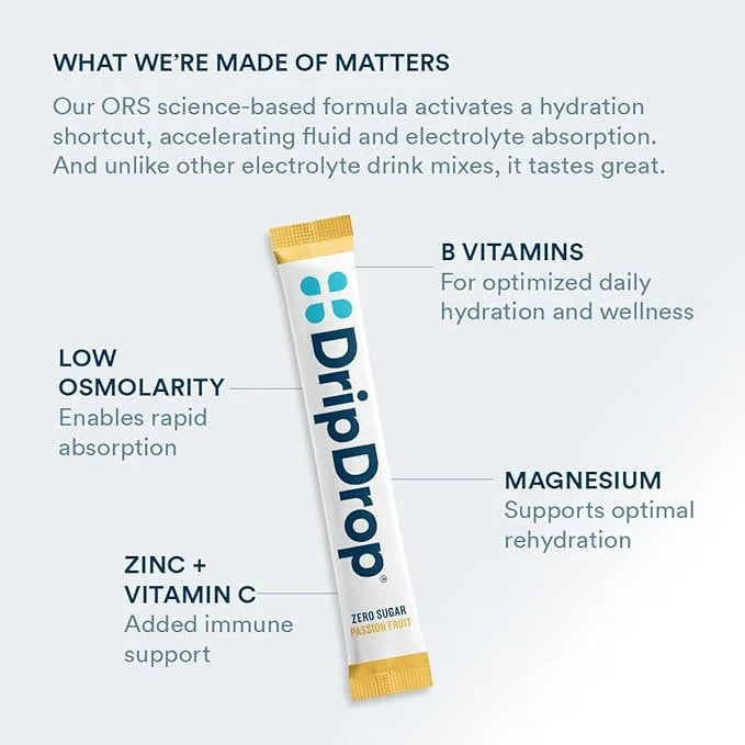 DripDrop Hydration - Zero Sugar Passion Fruit - Electrolyte Drink Mix Single Serve Powder Packets | Non-GMO, Gluten Free, ...