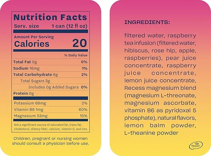 Recess Mood Magnesium Supplement Drink Calming 12 Ounce, 12 (Raspberry 12 Pack)