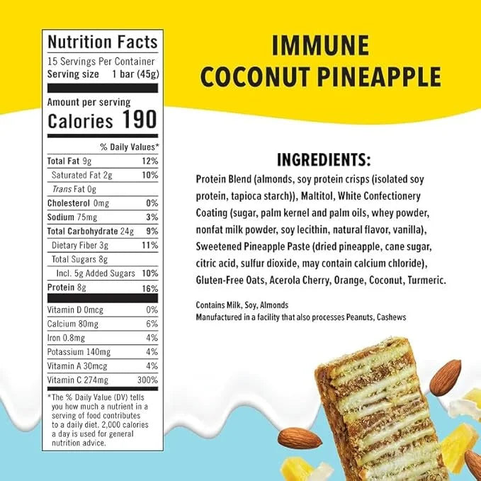 JiMMY'S! Functional Immune Protein Bar - Coconut Pineapple - 15 count - Immune Support with 300% Daily Vitamin C - Immune ...