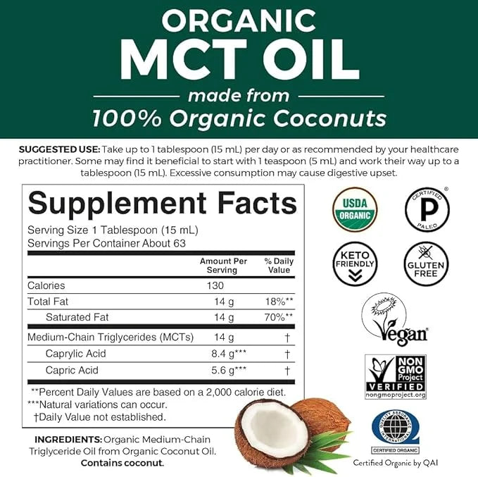 Viva Naturals Organic MCT Oil 32 fl oz - Best MCT Oil Organic for Coffee, MCT Coconut Oil Supports Energy & Mental Clarity...