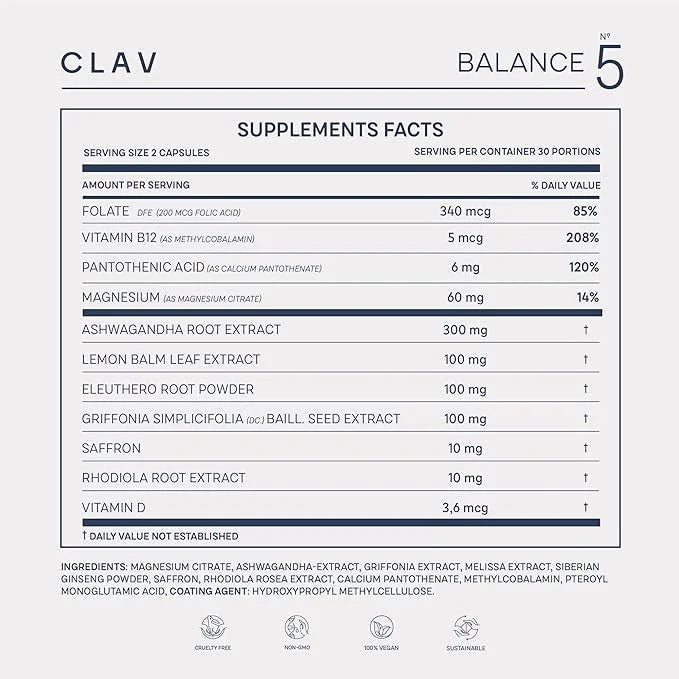 CLAV N°5 Mood Support Supplement 5-HTP Griffonia 60 Capsules