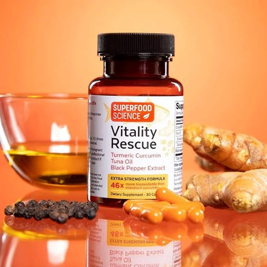 Vitality Rescue, Fish Oil DHA EPA Omega 3 and Turmeric Supplement w/Bioperine, CurcuWin 46X Superior Absorption Curcumin t...