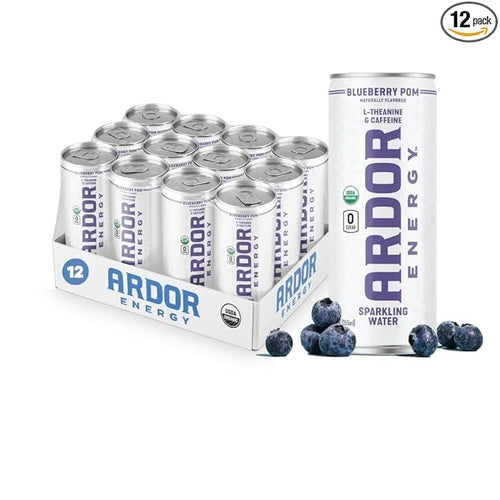 ARDOR ENERGY Sparkling Water Blueberry Pom 12 pack with 100mg Organic Caffeine from Green Tea & 200mg Organic L-Theanine (...