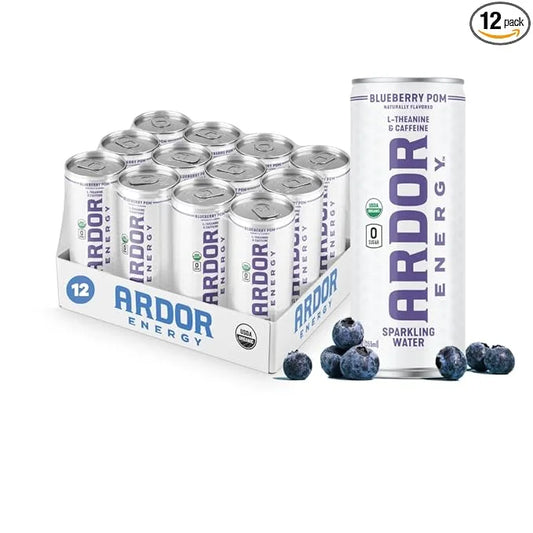 ARDOR ENERGY Sparkling Water Blueberry Pom 12 pack with 100mg Organic Caffeine from Green Tea & 200mg Organic L-Theanine (...