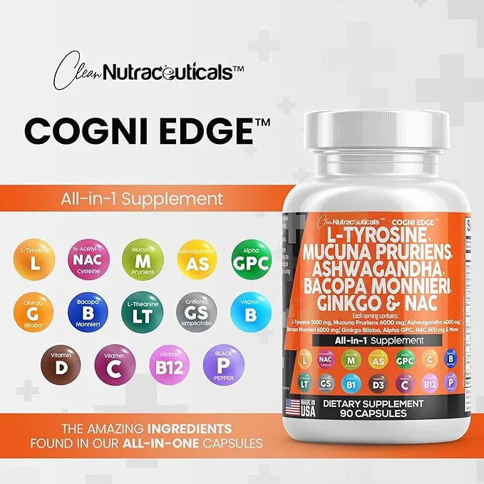 Clean Nutraceuticals L Tyrosine 1000mg Mucuna 6000mg Bacopa 500mg Ashwagandha 4000mg Focus 600mg NAC 5-HTP Ginkgo B1 B12 B12