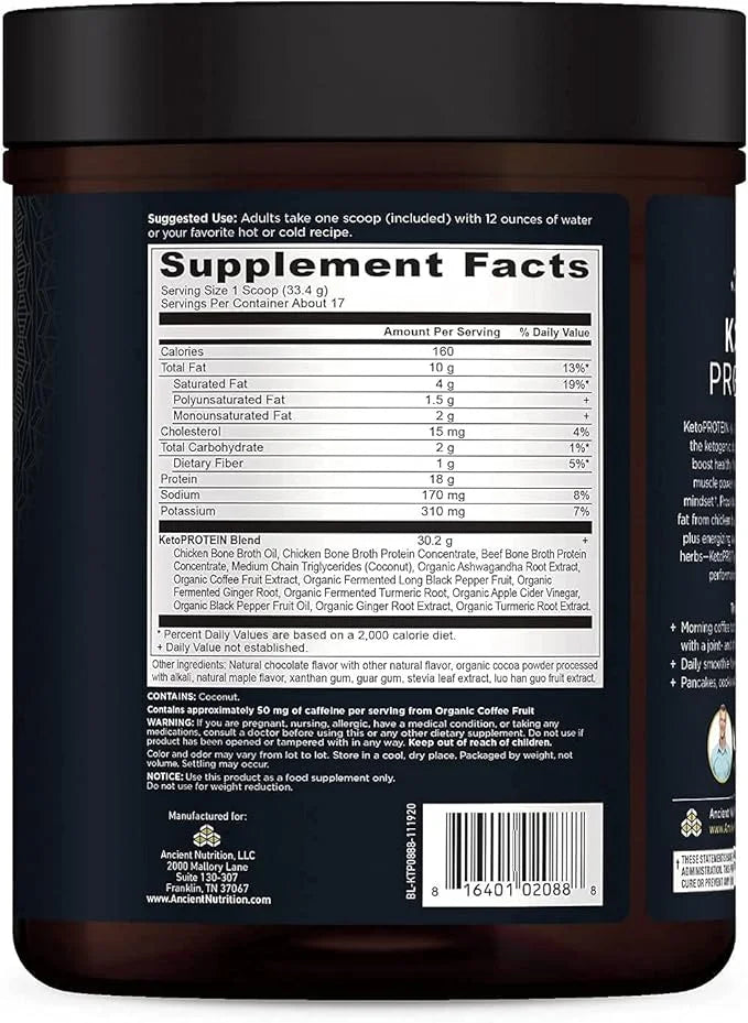 Ancient Nutrition Keto Protein Powder, KetoPROTEIN with Fats from Bone Broth and MCT Oil, Chocolate, 18g Protein 10g Fat P...