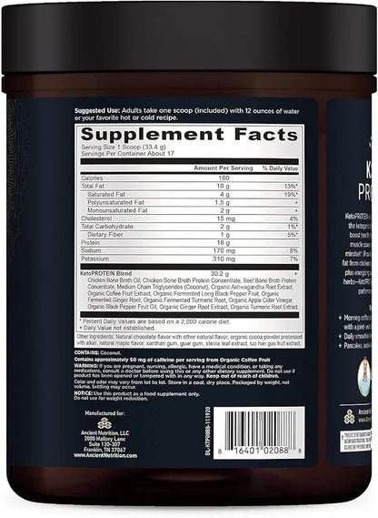 Ancient Nutrition Keto Protein Powder, KetoPROTEIN with Fats from Bone Broth and MCT Oil, Chocolate, 18g Protein 10g Fat P...