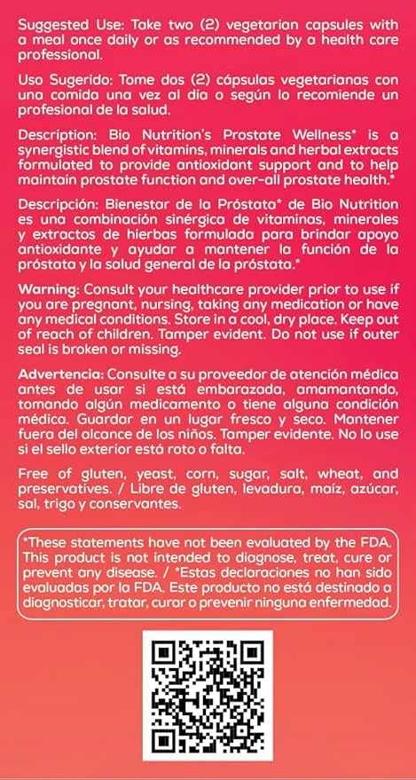 Bio Nutrition Prostate Wellness Support Supplement 60 Vegetarian Capsules | Natural Formula for Men’s Health | Promotes He...