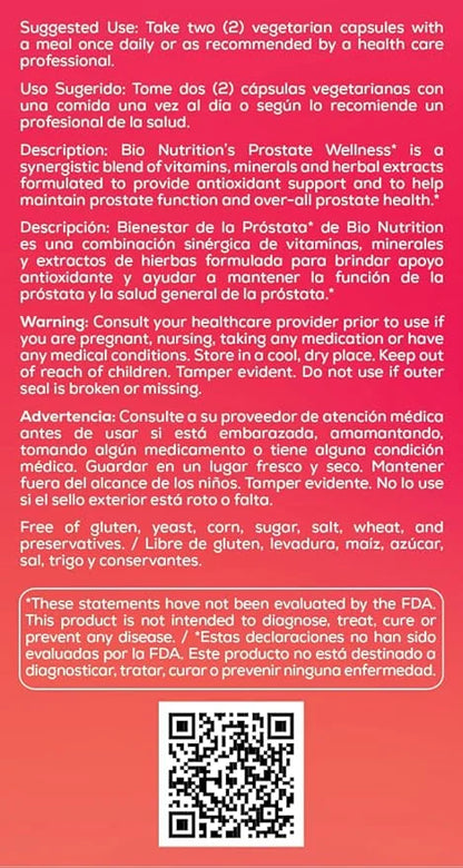 Bio Nutrition Prostate Wellness Support Supplement 60 Vegetarian Capsules | Natural Formula for Men’s Health | Promotes He...