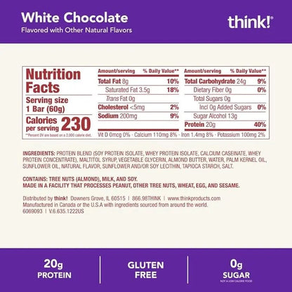 think! Protein Bars, High Protein Snacks, Gluten Free, Kosher Friendly, White Chocolate, Nutrition Bars, 2.1 Oz per Bar, 1...