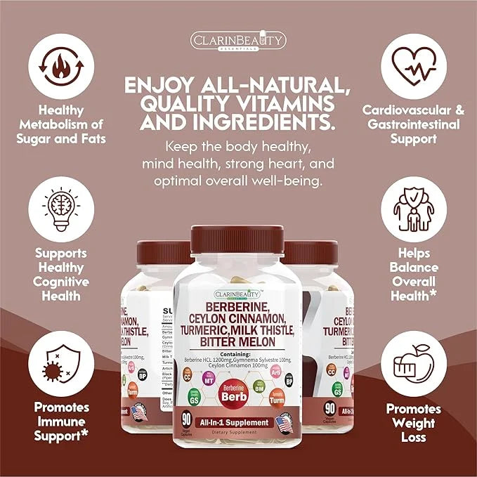ClarinBeauty Premium Berberine 1200mg Ceylon Cinnamon 100mg Tumeric 50mg Milk 50mg Bitter 50mg Artichoke 50mg with 90 Caps...