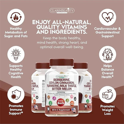 ClarinBeauty Premium Berberine 1200mg Ceylon Cinnamon 100mg Tumeric 50mg Milk 50mg Bitter 50mg Artichoke 50mg with 90 Caps...
